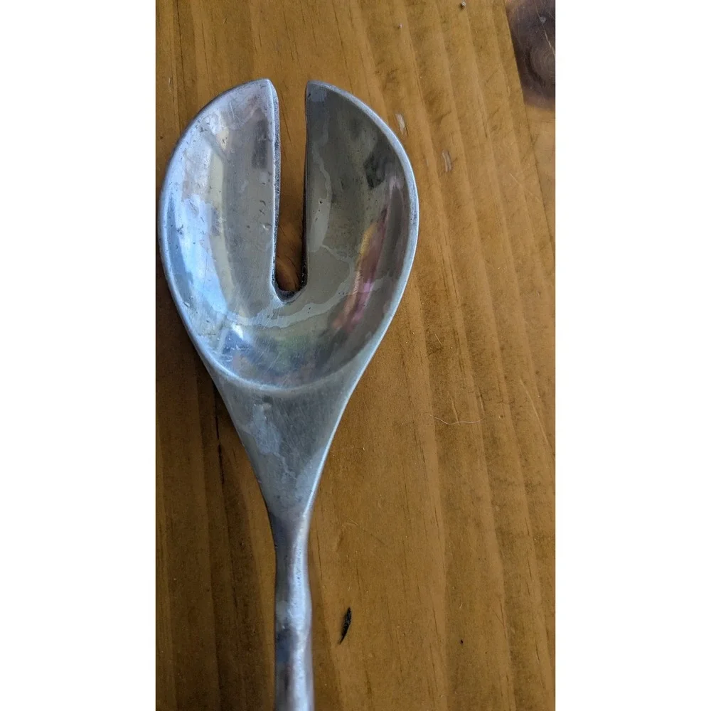Hammered Metal Salad Serving Fork‎ Long Bamboo Style Handle Silver 15.5 Inch